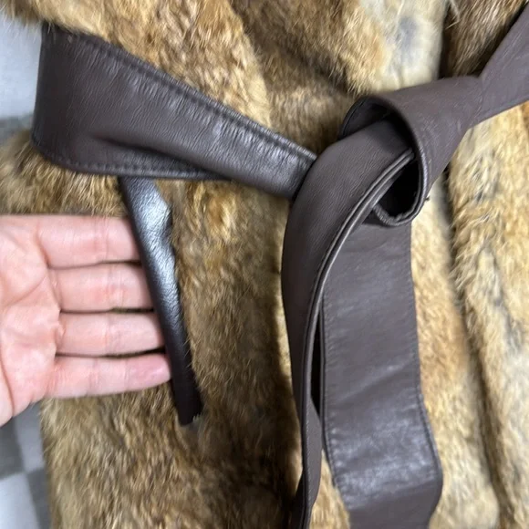 Vintage Genuine rabbit fur coat big collar chunky wool trim belt S *see note! - Picture 9 of 14
